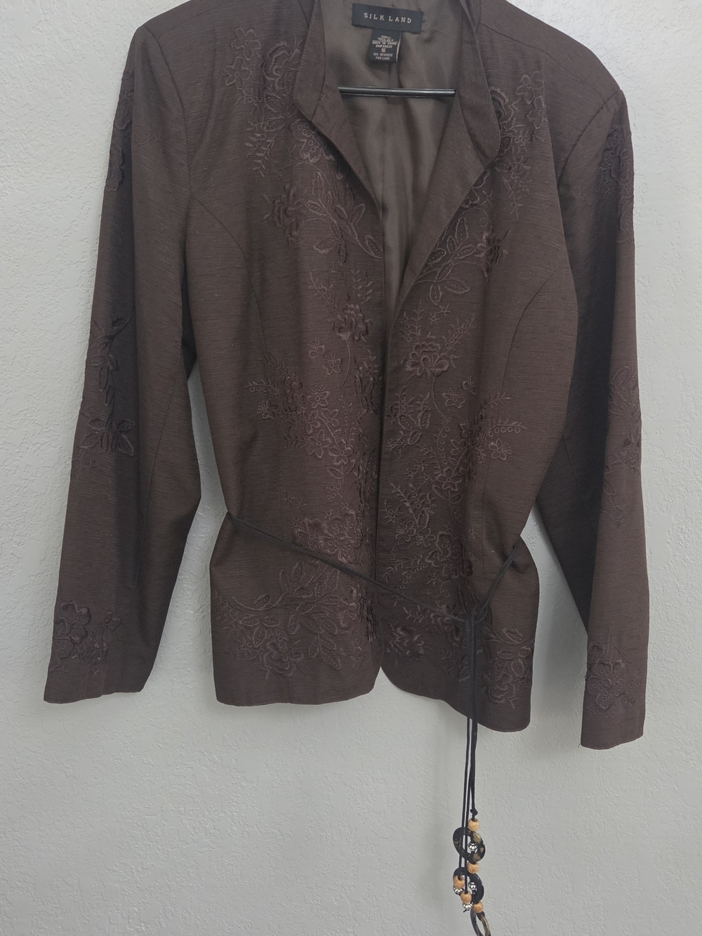 Silk Land Vintage Brown Embroidered Belted Blazer Jacket